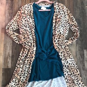 Teal waffle knit v neck sweater